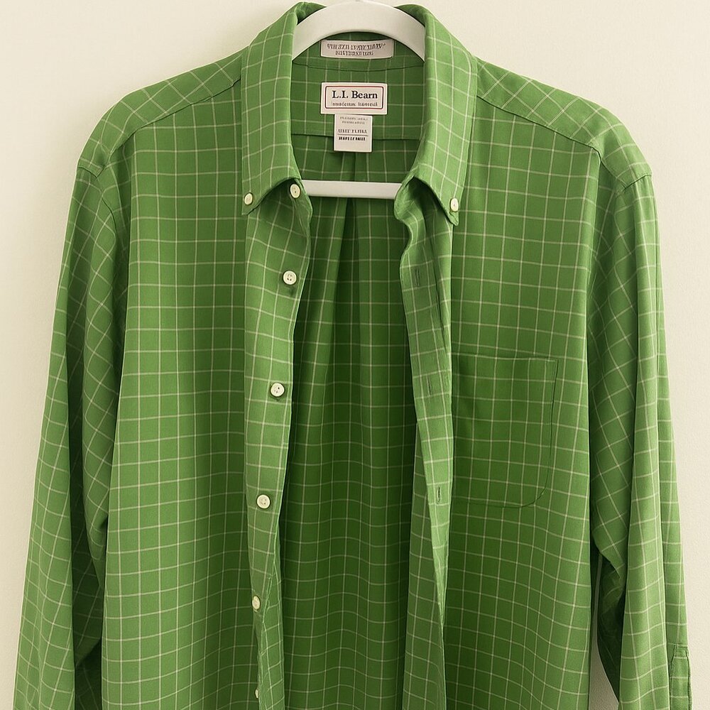 L.L.Bean Green Check Wrinkle-Resistant Button-Down Shirt